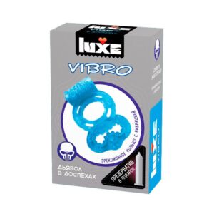 Голубое эрекционное виброкольцо Luxe VIBRO Дьявол в доспехах + презерватив