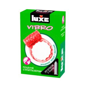 Розовое эрекционное виброкольцо Luxe VIBRO Поцелуй стриптизёрши + презерватив