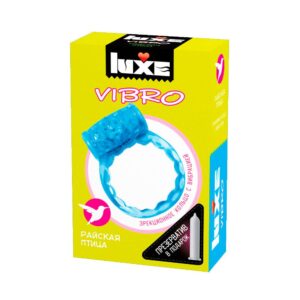 Голубое эрекционное виброкольцо Luxe VIBRO Райская птица + презерватив